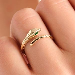 Snake Ring Gold 14K, Ouroboros Spiral Stackable Ring, Marquise Emerald Eye Witchy Band Girl, 10K 14K 18K Gold Gothic Open Cuff Animal Ring