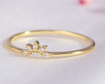 Crown Ring V Shape Thin Diamond Ring, 14K Gold Curved Wedding Band Moissanite Chevron Engagement Rings