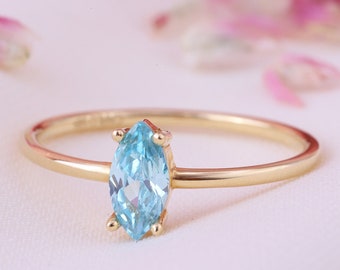 Marquise Blue Topaz Stacked Ring Gold, 14K Personal Birthstone Stackable Band Women, Custom Birthmonth Jewelry December Gift, Blue Topazring