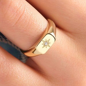 North Star Diamond Signet Ring: Northstar Moissanite 14K Solid Gold Celestial Ring