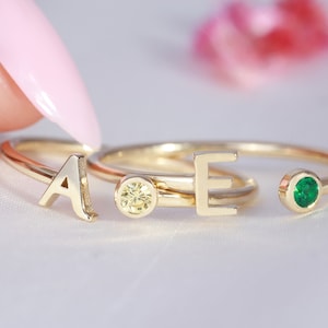 Custom Initial Letter Birthstone Ring, 14K Solid Gold Adjustable Open Band