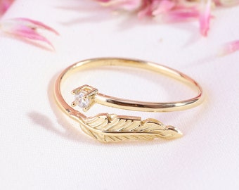 Unique Solid 14K Gold Rings Women, Leaf Ring, Minimalist Handmade Jewelry Ring with Stone, Engagement Ring, Promise Ring