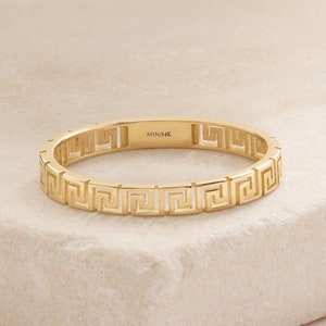 14K Greek Key Ring Gold, 10K 18K Real Solid Gold Symbolic Pattern Band, Meander Symbolic Stacked Ring Girl, Bold Thick Comfort Fitting Ring
