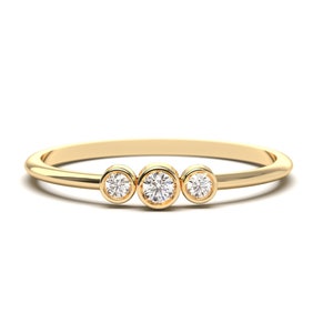 Three Diamond Ring Gold, Triple Oval Moissanite Engagement Ring Her, 10K 14K 18K Bezel Set Simulant Wedding Band, Bridal Shower Gifted Girl