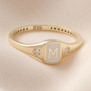Signet Letter Initial Ring, 14K Solid Gold Diamond Accents Customizable Free Engrave Rings