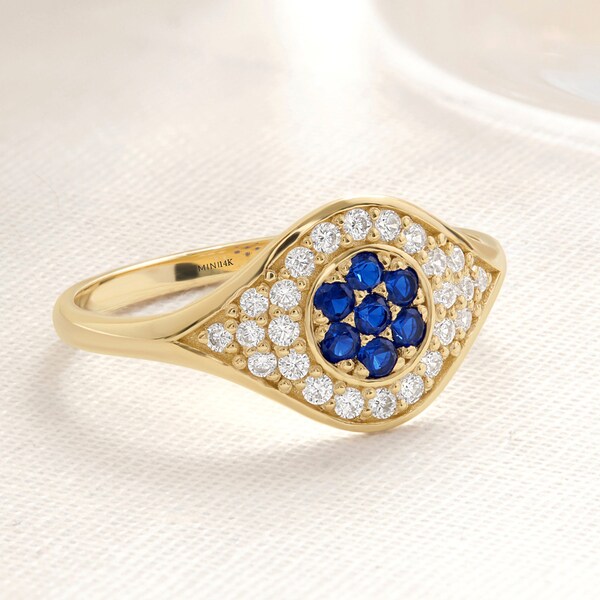 Sapphire Birthstone Diamond Evil Eye Ring, Custom Birth Month Stone Moissanite Chunky Protection Band, 10K 14K 18K Gold Cz Blue Person Ring