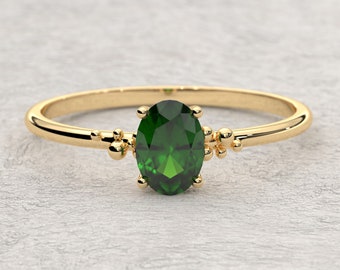 Oval Cut Emerald Birthstone Ring, 14K Gold Personal Birth Month Stone Band, 18K Custom Stacking Jewelry, 10K Birthmonth Ring Gifted Women