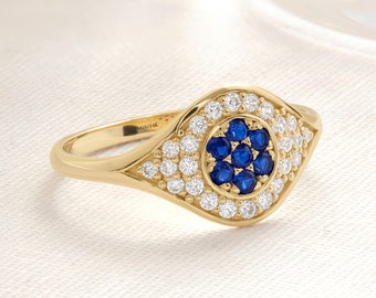 Blue Evil Eye Sapphire Ring Birthstone 14K Solid Gold Side Diamond, Customizable Birth Stone Ring Art Deco Band, Blue and White Ring