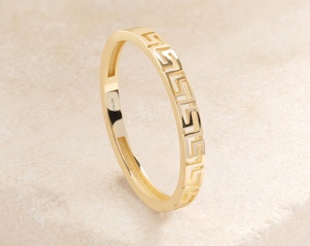 Greek Key Ring Gold, Labyrinth Ring, 14K Solid Gold Rings for Women, Unique Jewelry, Handmade Jewelry, Anniversary Ring, Engagement Ring