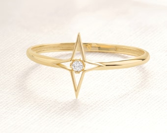 North Star Diamond Ring 14K Solid Gold Spike Ring, Celestial Star Ring Women Northstar Ring, Constellation Diamond Northern Star Ring