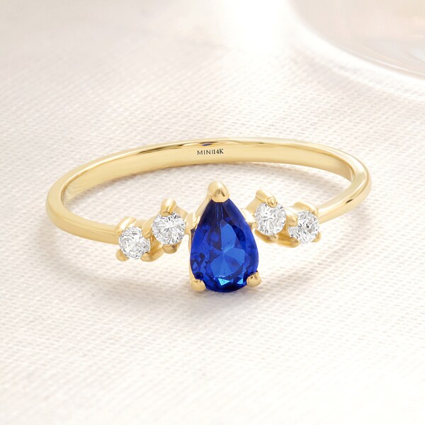 Pear Shaped Sapphire Diamond Engagement Ring, Custom Teardrop Birthmonth Stone Moissanite Wedding Ring, 10K 14K 18K Gold Cz Blue Person Ring