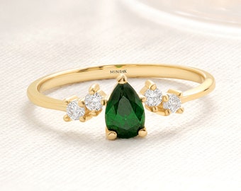 Emerald Ring Gold, 14K Solid Gold, Engagement Ring, Anniversary Ring, Handmade Jewelry Women, Gemstone Ring, Birthstone Ring, Gift For Her