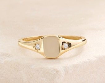 Custom Square Signet Initial Ring Double Diamond, 10K 14K 18K Chunky Letter Signet Two Moissanite Ring Girl, Personalized Word Alphabet Ring