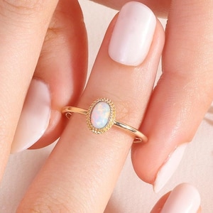 Opal Ring 14K Solid Gold, Oval Birthstone Ring Women, Solo Opal Ring Single Birth Stone Art Deco Stone Ring Her, Bezel Set Opal Ring
