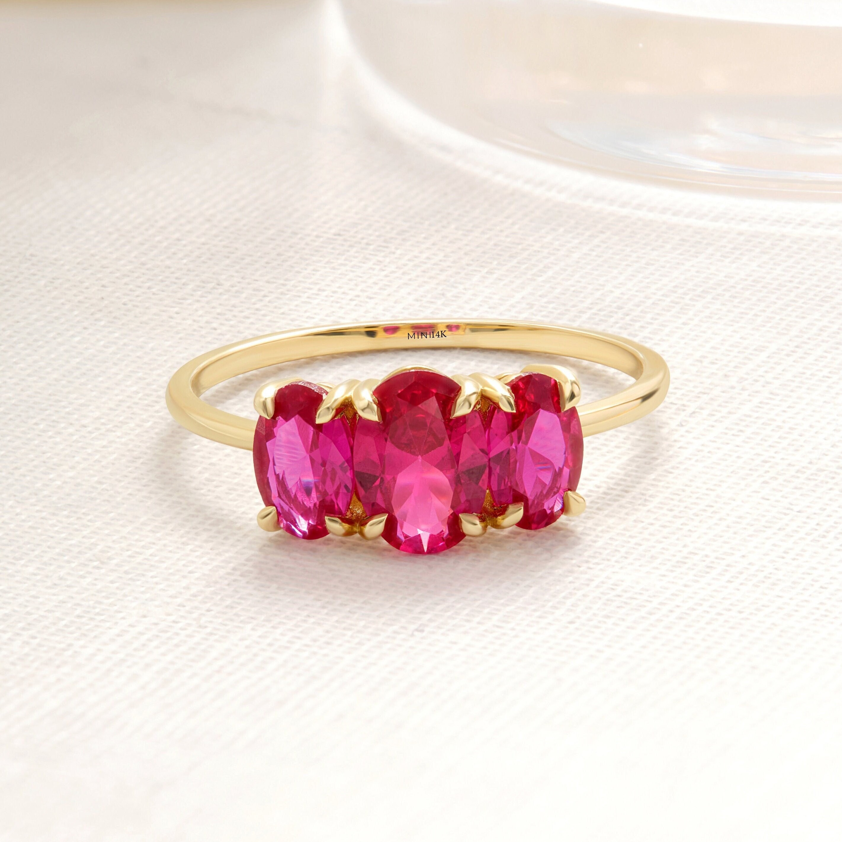 Mothers Ring Art Deco Family Birthstone 14K Solid Gold Band, Three Stone Custom Unique Red Gemstone Ring, Ruby 3 Pink Gold Ring for Women