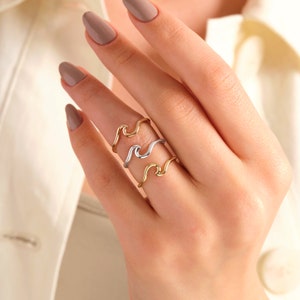 Minimalist Wave Ring 14K Solid Gold Stackable Band, Ocean Asymetric ...