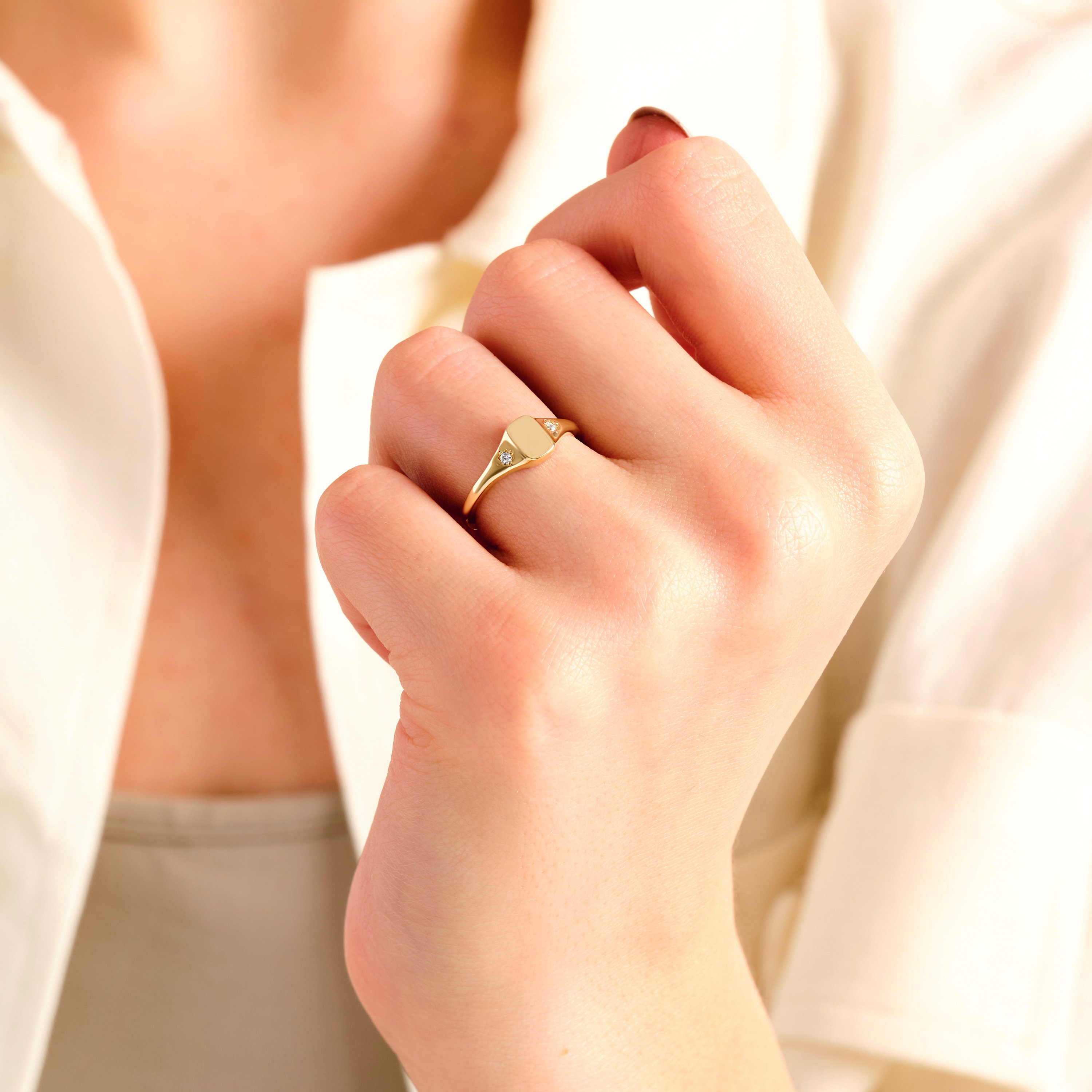 ダイヤモンド Custom Square Signet Initial Ring Double Diamond, 10K 14K 18K