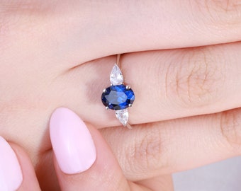 Oval Sapphire Ring, 14K Solid White Gold Double Pear Cut Diamond  Oval Birthstone Rings