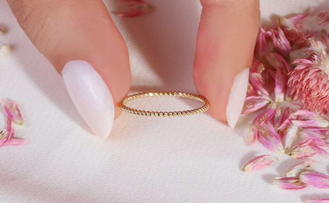 Twisted Rope Ring 14K Solid Gold Stackable Band: Thin Ribbed Ring ...