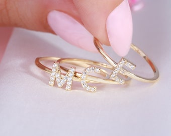 Diamond Initial Ring, 14K Gold Custom Letter Monogram Word Ring