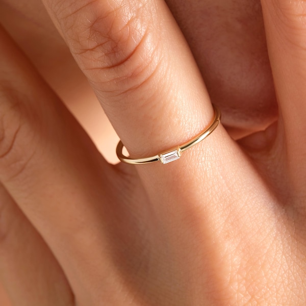 Baguette Diamond Ring, 14K Solid Gold Rectangle Moissanite Rings, Bague Promise Ring
