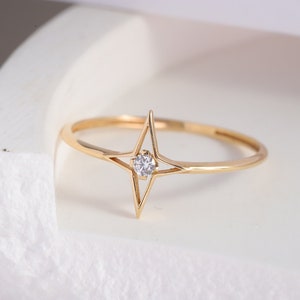 Oval Diamond Northstar Ring, Moissanite Celestial Northern Star Band, 10K 14K 18K Gold Cz North Star Ring Girl, Uniquely Spike Gifted Ring