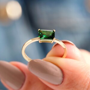 Emerald Ring Gold, Emerald Engagement Ring, Baguette Ring, Emerald Green Ring, Handmade Jewelry Women, Birthstone Ring, 14K Solid Gold Ring