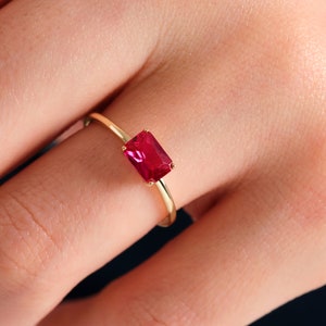 Ruby Ring 14K Solid Gold, Emerald Cut Ruby Birthstone Ring, Red Rectangle Ring Solitaire Love Ring Women, Solo Ruby Stone Ring