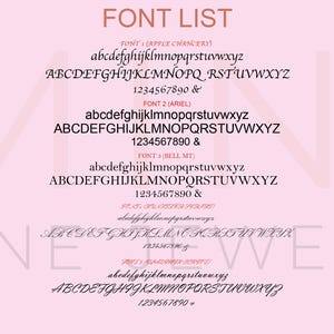 May include: A list of different fonts, including Apple Chancery, Arial, and Bell MT. Each font is displayed with lowercase and uppercase letters, numbers, and symbols.