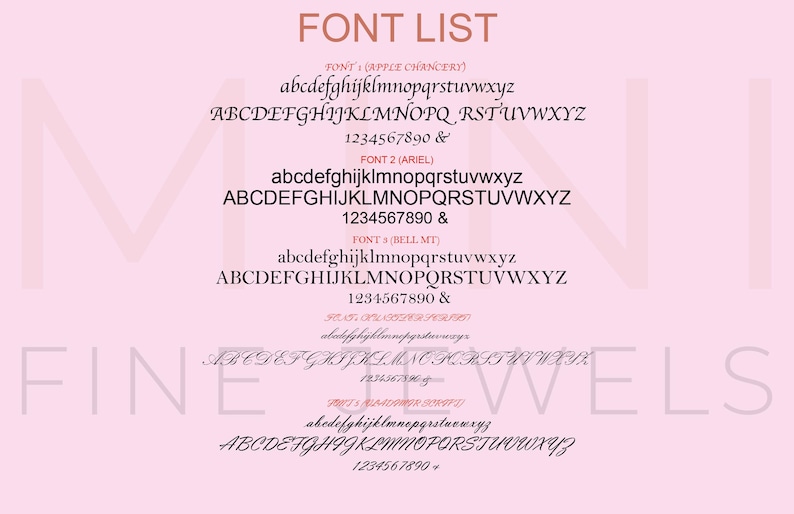 May include: A list of different fonts, including Apple Chancery, Arial, and Bell MT. Each font is displayed with lowercase and uppercase letters, numbers, and symbols.