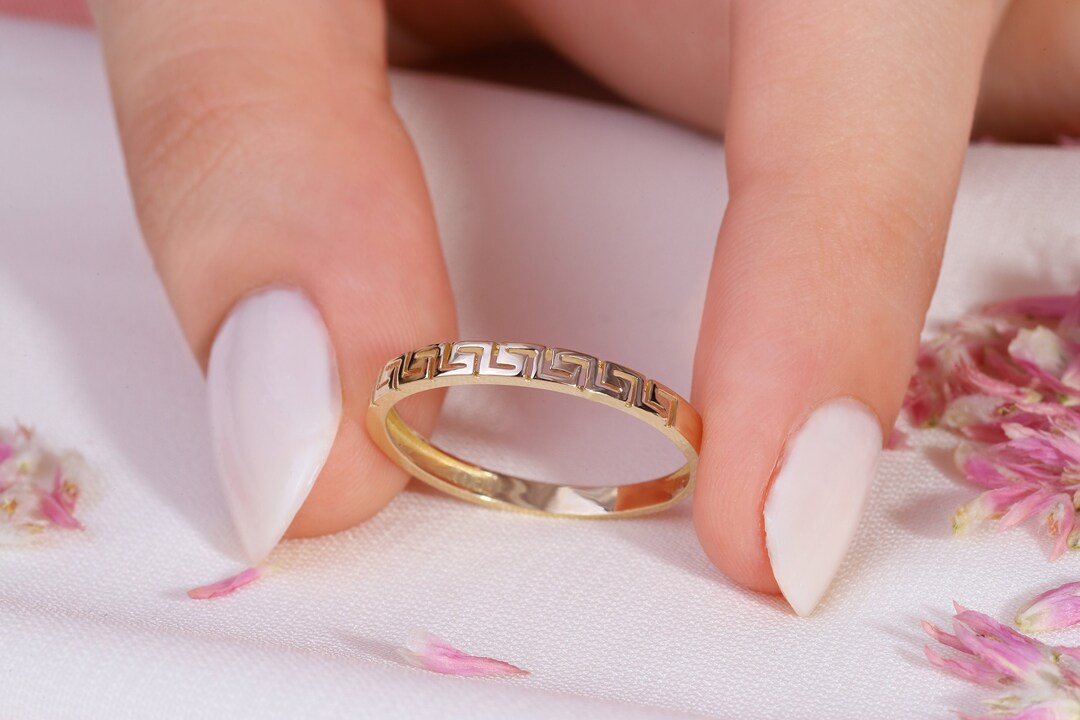 Greek Key Ring Gold, Labyrinth Ring, 14K Solid Gold Rings for Women