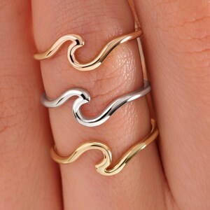 Minimalist Wave Ring 14K Solid Gold Stackable Band, Ocean Asymetric ...