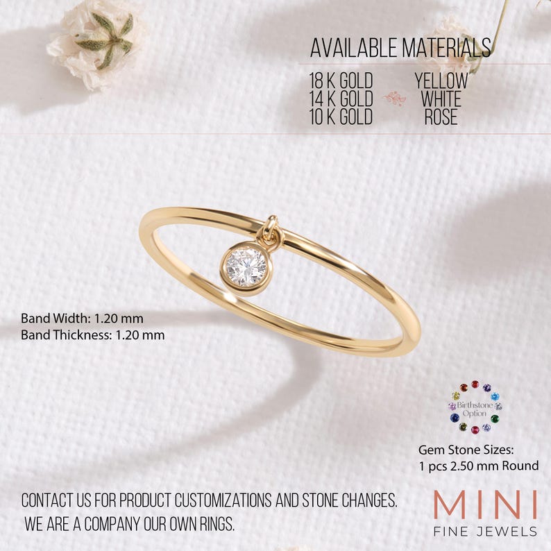 💎 Diamond Dangle Ring – Minimalist 14K Solid Gold Gift for Her
Add effortless sparkle to your everyday style with this diamond dangle ring – a dainty and elegant piece crafted in your choice of 10K, 14K, or 18K solid gold. Featuring a single round-cut diamond or moissanite, this delicate dangling diamond ring brings movement, brilliance, and charm to any look.

Perfect for women who love minimalist jewelry, this handmade gold ring makes a beautiful statement whether worn alone or stacked.