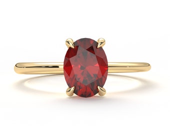 Oval Ruby Ring 14K Solid Gold Band: Birthstone Red Ruby Ring Stackable Solitaire Ring
