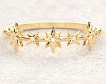 North Star Spike Stacking Ring, Five Star Setting Cz Moissanite Ring Girl, 18K 14K 10K Gold Snowflake Ring Her, Constellation Ring Gifted