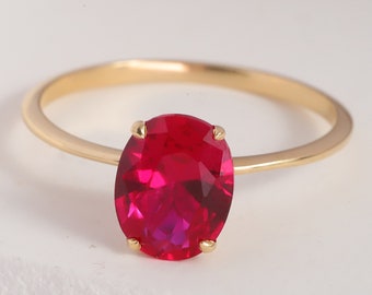 Oval Ruby Birthstone Ring, 14K Gold Red Gemstone Rings