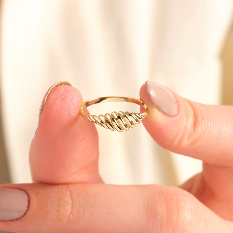 Here is Croissant Dome Statement Ring for women. Our Dainty Twisted Domed Thick Gold Band will be perfect Shower Jewelry as a birthday or anniversary night ceremony!