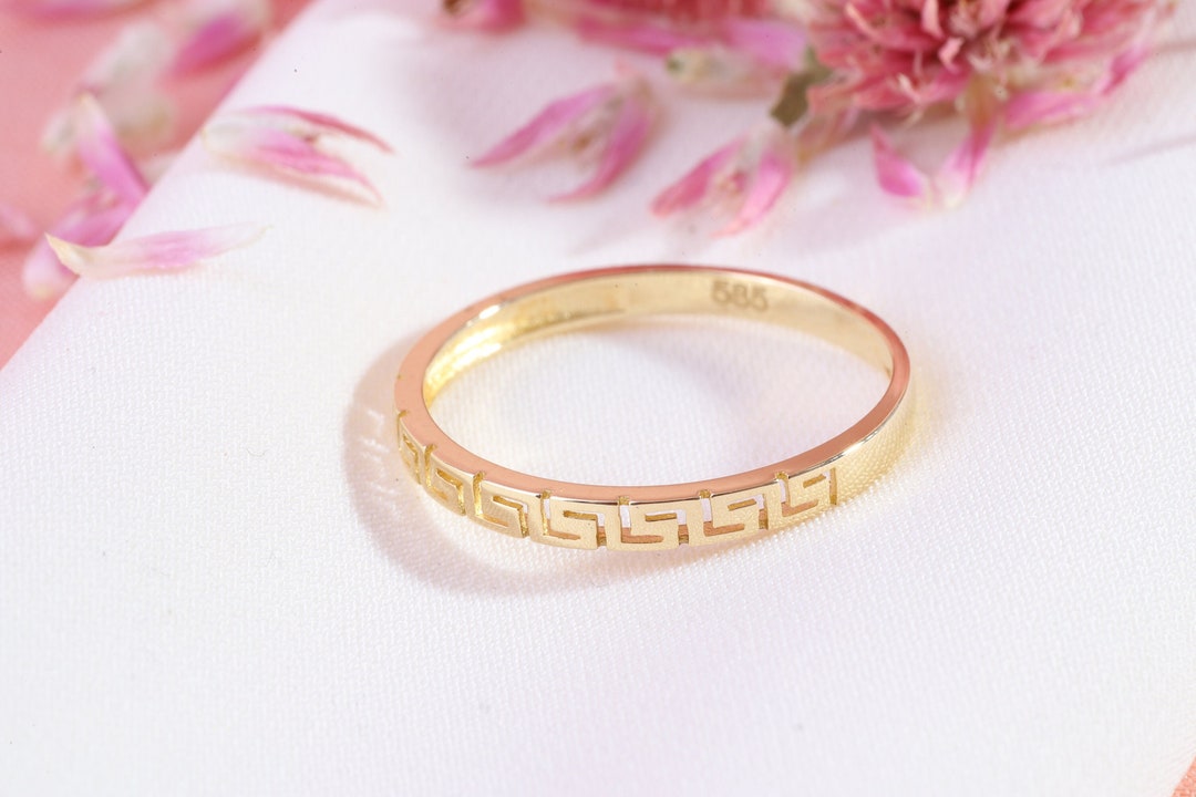 14K Solid Gold Labyrinth Ring 10K Greek Key Ring Unique - Etsy