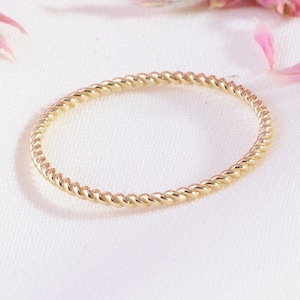 Twisted Rope Ring Thin Wedding Band 14K Solid Gold, Ultra Tiny Engagement Ring Enhancer Ring Braided Band Women, Skinny Minimal Promise Ring