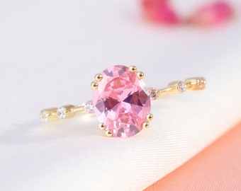 Gold Rose Quartz Diamond Engagement Ring, Custom Birthstone Cz Moissanite Ring, 18K 14K 10K Luxury Wedding Band, Solitaire Promising Jewelry