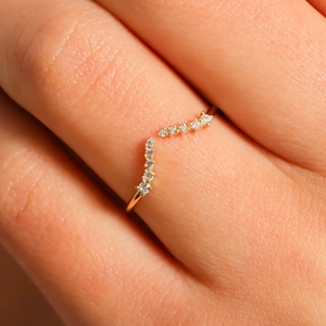 V Shape Diamond Chevron Wedding Band 14K Solid Gold, Open Adjustable Ring Thin Diamond Band, Wavy Engagement Ring Her Curved Wishbone Ring