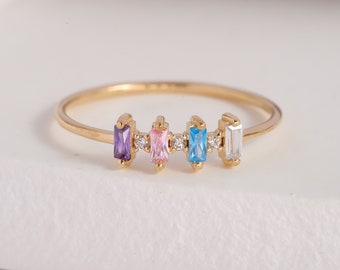 Family Birthstone Stacking Ring Mother, 14K Gold Personal Stackable Band, Family Birth Month Ring Grandma, Baguette Custom Ring Gifted Women