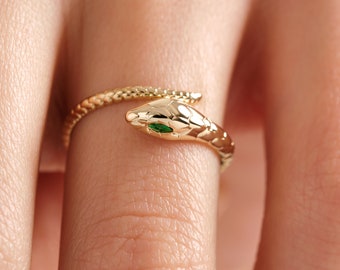 14K Gold Snake Ring, Dainty Snake Rings for Women, Custom Birthstone Eye Ring Girl, Adjustable Wrapped Animal Lover Ring Her, Open Cuff Band