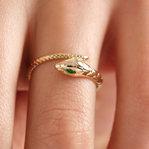 14K Gold Snake Ring, Dainty Snake Rings for Women, Custom Birthstone Eye Ring Girl, Adjustable Wrapped Animal Lover Ring Her, Open Cuff Band