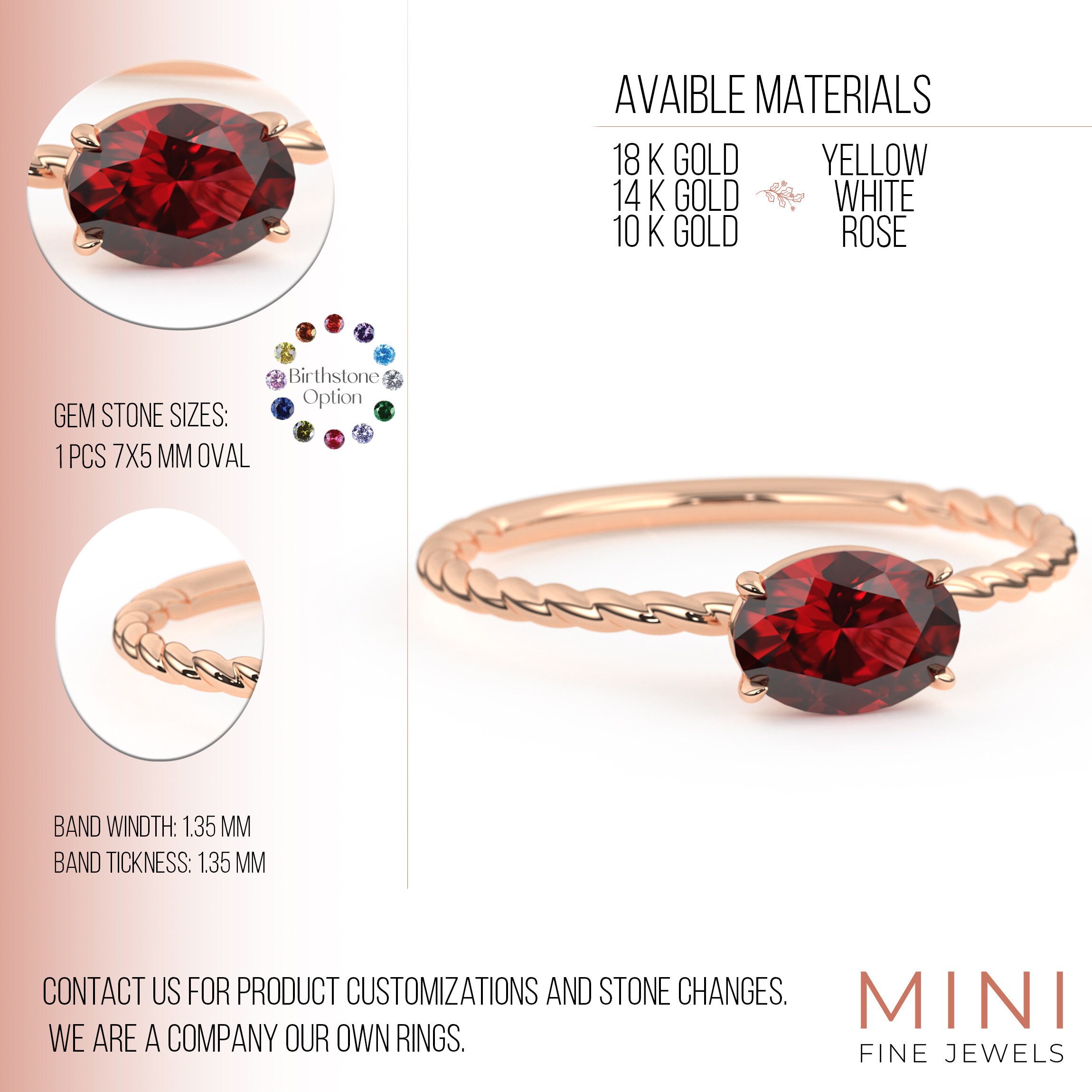 Ruby Rope Rings Oval Cut Ruby Ring, 14K Gold Birthstone Rings, Red Gemstone Ring ...