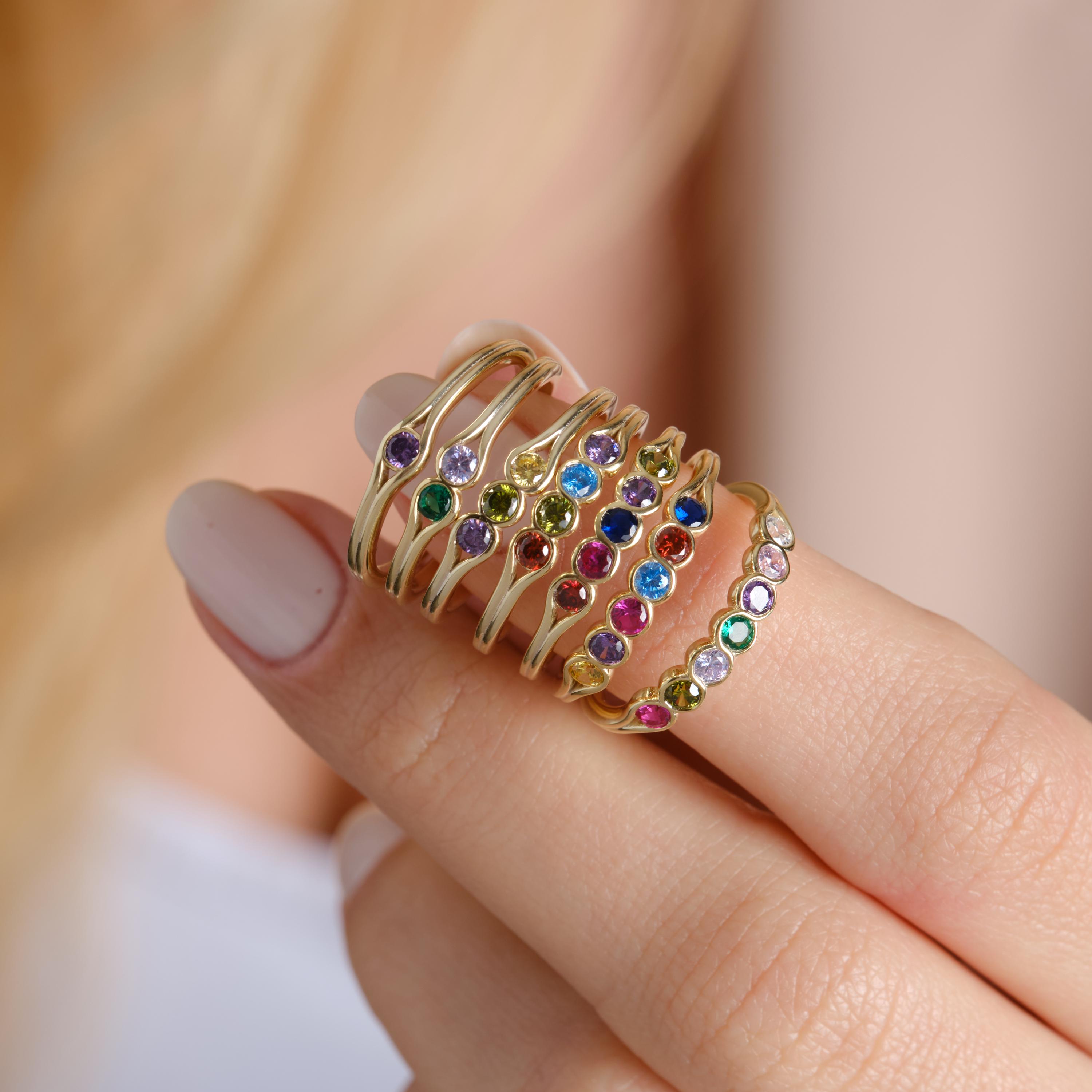 Family Birthstone Ring 14K Solid Gold Band: 1 2 3 4 5 6 7 Bezel Gemstone Ring for Mother