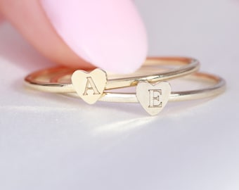 Custom Initial Ring, Heart Ring, Personalized Jewelry, 14K Solid Real Gold Rings for Women, Anniversary Ring, Handmade Bridesmaid Jewelry