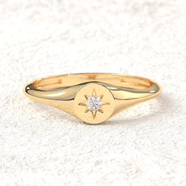 Northstar Tiny Diamond Ring Women, Gold North Star Twinkle Stacked Ring, Polaris Signet Ring, 10K 14K 18K Northern Compass Celestial Ring