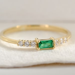 Green Emerald Ring 14K Solid Gold, Engagement Side Diamond Band, Emerald Cut Mini Birthstone Wedding Ring Moissanite