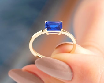 Blue Sapphire Ring 14K Solid Gold Band, Emerald Cut Sapphire Birthstone Ring Gold, Custom Single Gemstone Ring Women, Rectangle Stone Ring
